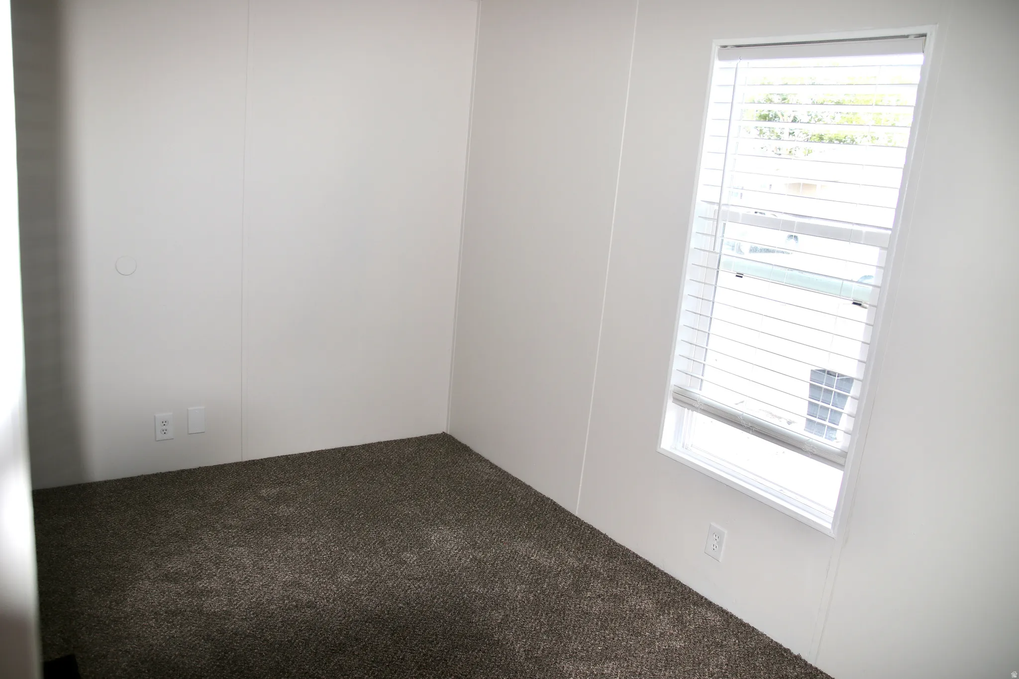 2nd bedroom featuring Carpeted room with white panel walls and a single window with blinds