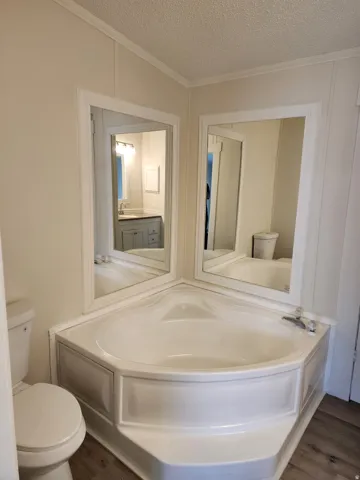Corner soaking tub with dual framed mirrors, wood-finish flooring, and crown molding