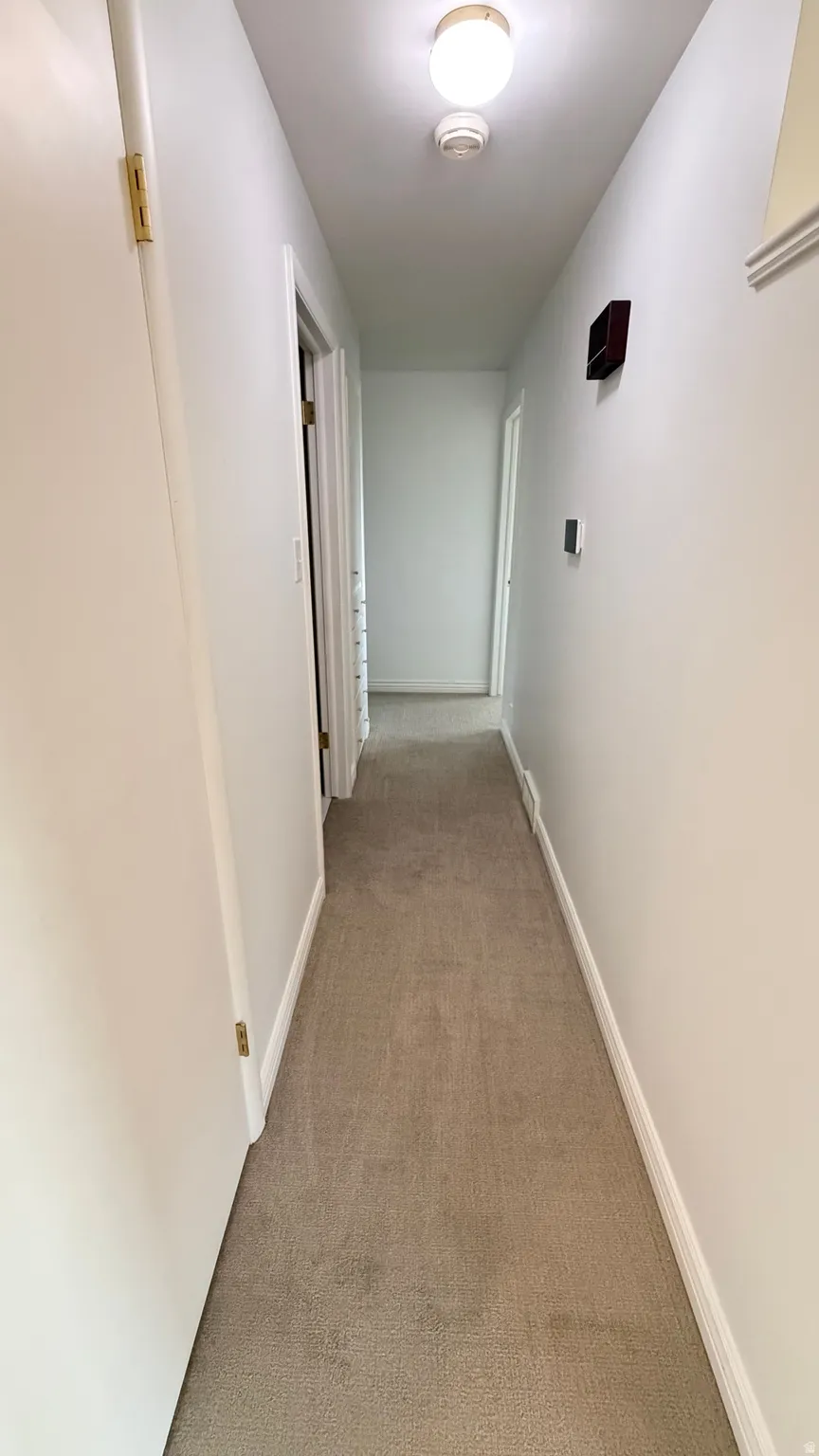 Hallway featuring light neutral carpeting, white baseboards, and a flush-mount ceiling light fixture