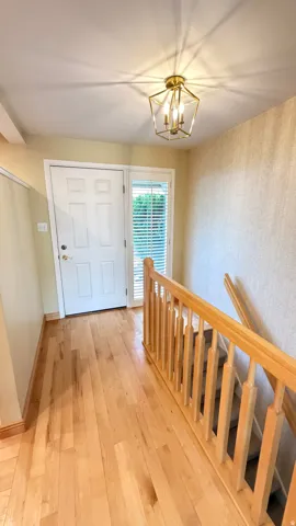 Entryway featuring wood-finish flooring, a white paneled door with a sidelight, and a brass-finish lantern-style ceiling fixture