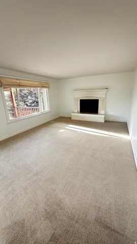 Living area featuring a prominent fireplace with a carved mantel and hearth, light-colored carpeting, and a large window with bamboo blinds
