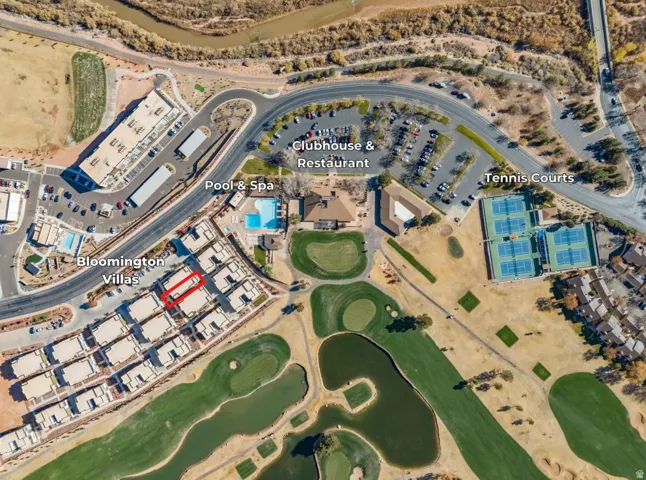 Aerial overview of Bloomington Villas, featuring golf course frontage