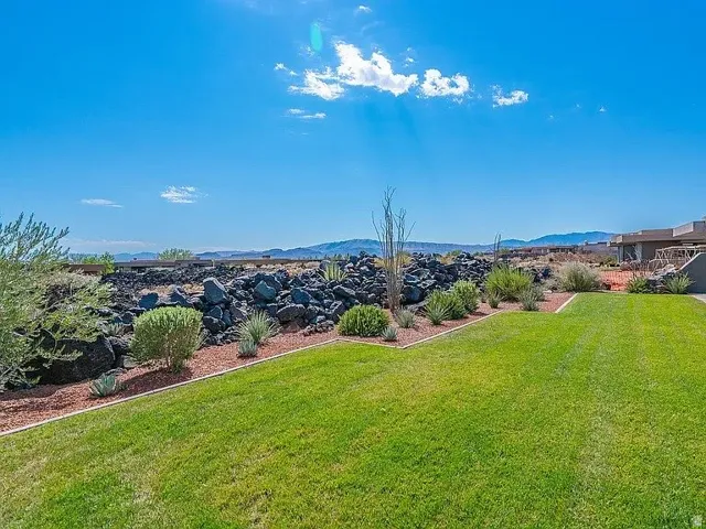 Lush green lawn with a landscaped planting bed featuring desert-adapted vegetation