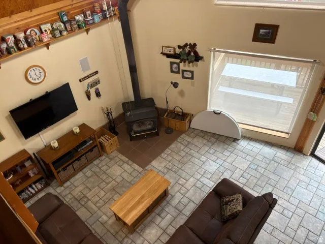 Great room living area from loft above