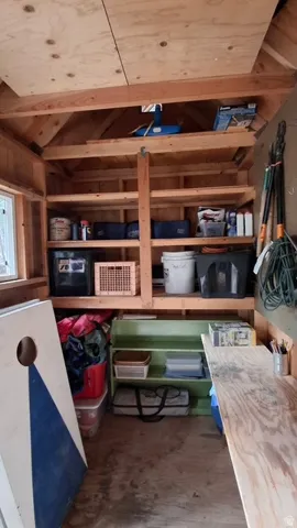 Interior of storage unit with built-in shelving