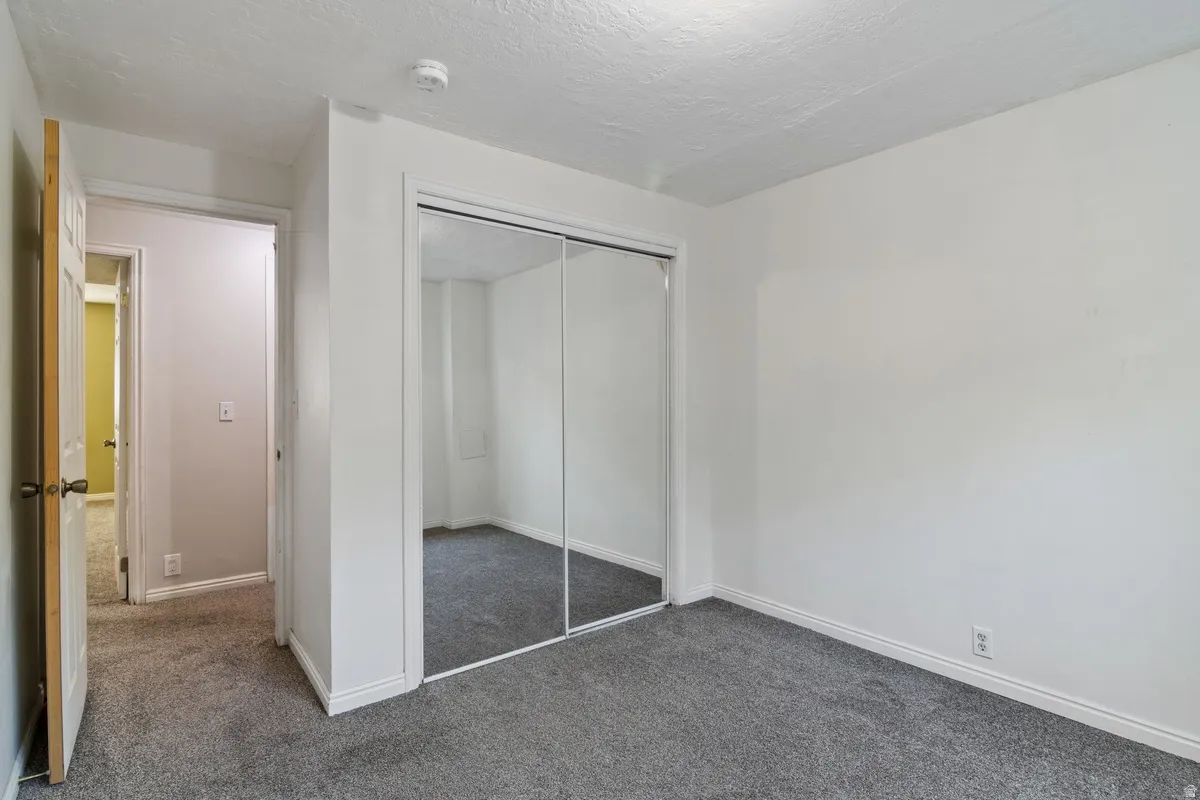 Carpeted interior space featuring white walls and a mirrored closet