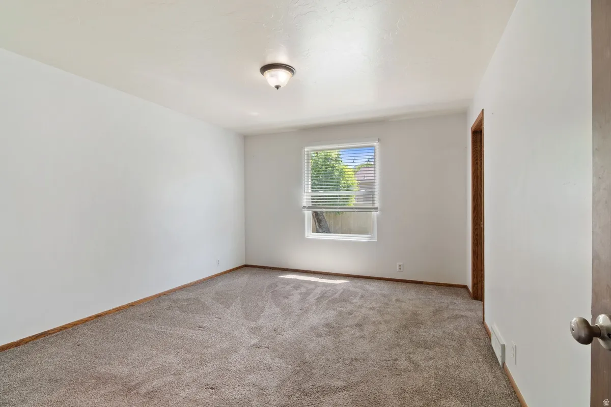 Carpeted room featuring a single window with blinds, white walls, and a ceiling-mounted light fixture