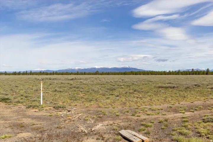 Expansive natural landscape featuring a broad, vegetated field under a blue sky with scattered clouds