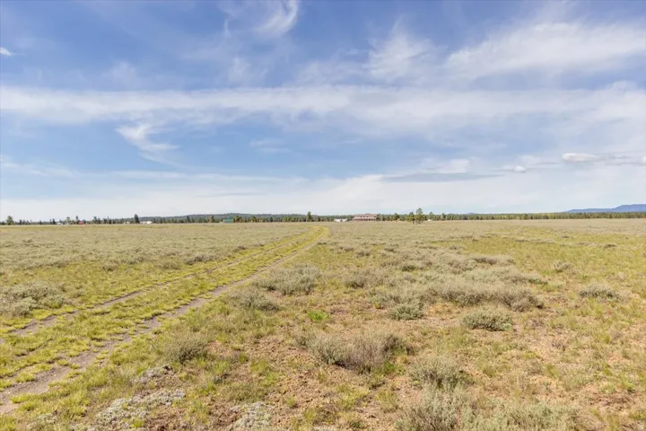 Expansive open terrain featuring natural vegetation, a dirt track, and distant structures under a clear sky