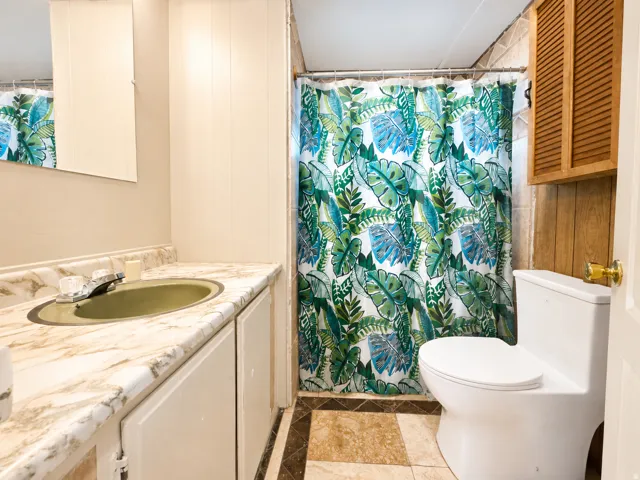 Bathroom featuring a vanity with a circular basin sink, a wall-mounted mirror, and a toilet