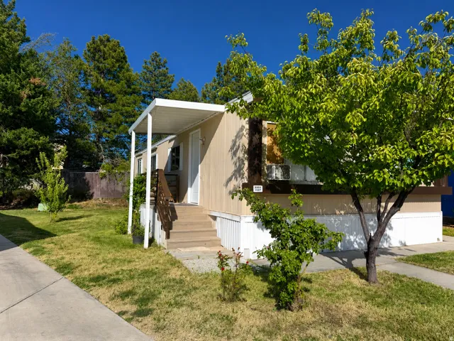 Exterior featuring tan siding, a covered porch entry, brown wood steps, and a compact front yard with mature trees