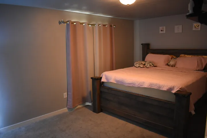 Bedroom featuring neutral wall paint, white trim, and light gray carpeting
