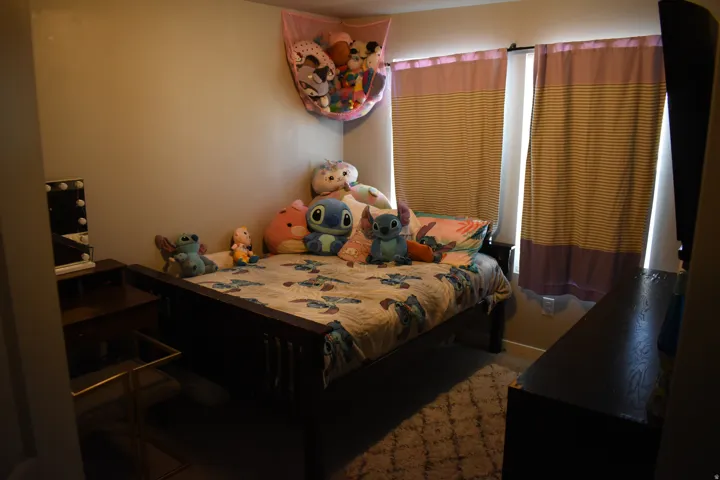 Room featuring light neutral wall paint, two windows with blinds, wood-finish flooring, and a patterned area rug