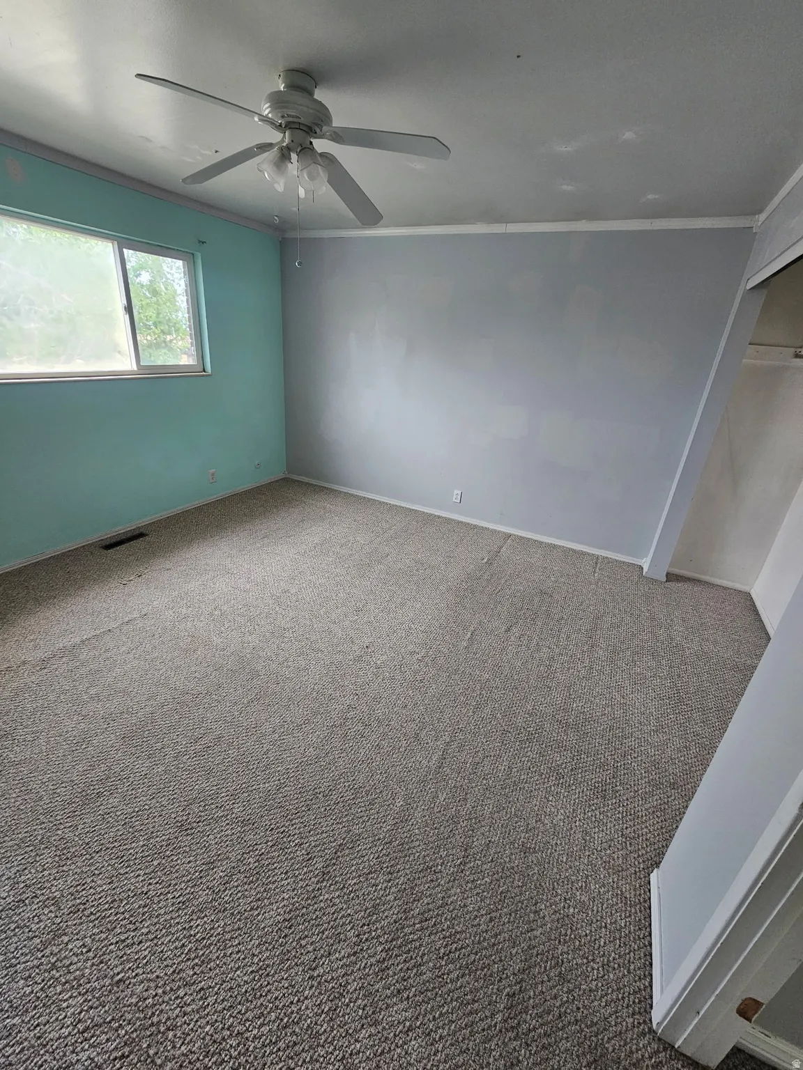 Carpeted room featuring a ceiling fan with integrated lighting, a window, and painted walls
