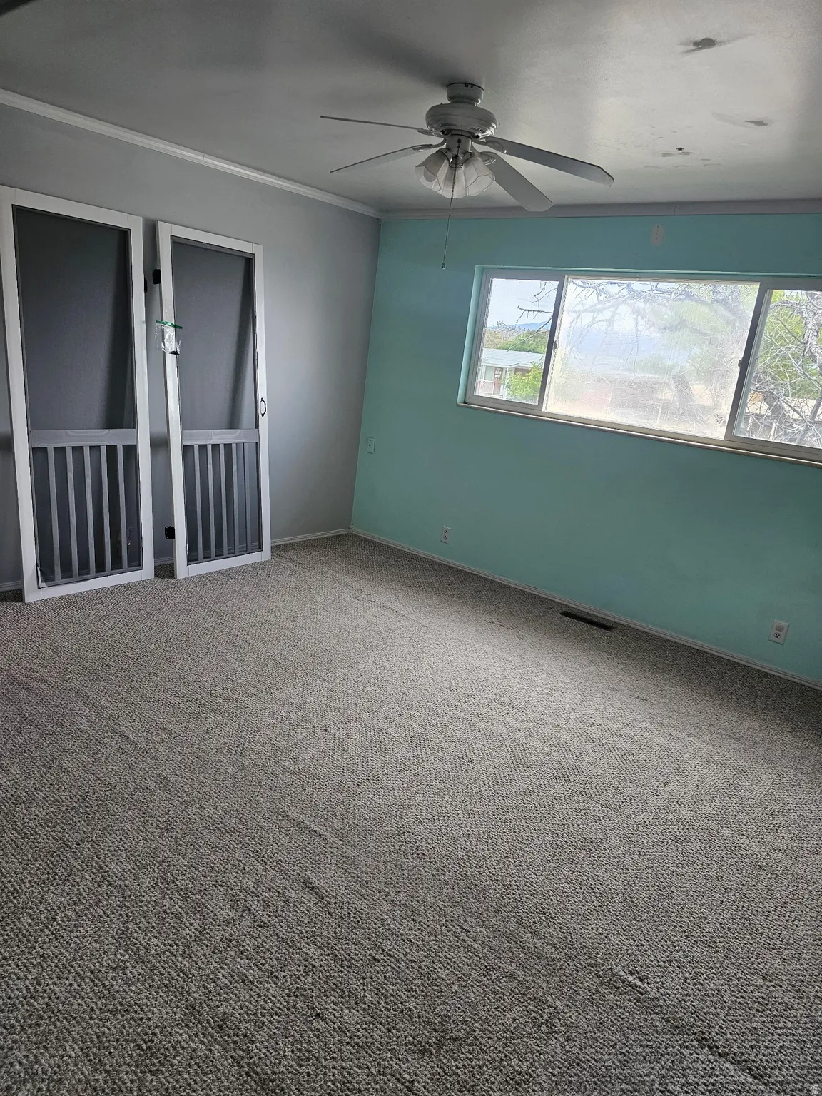 Bedroom featuring wall-to-wall carpeting, a ceiling fan, and a wide window