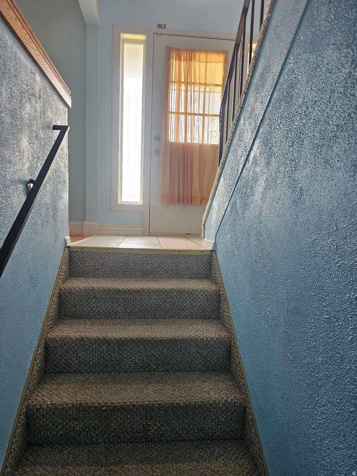 Carpeted staircase featuring a black metal handrail and a wooden cap