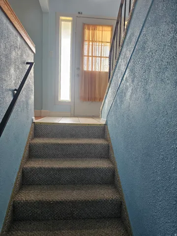 Carpeted staircase featuring a black metal handrail and a wooden cap