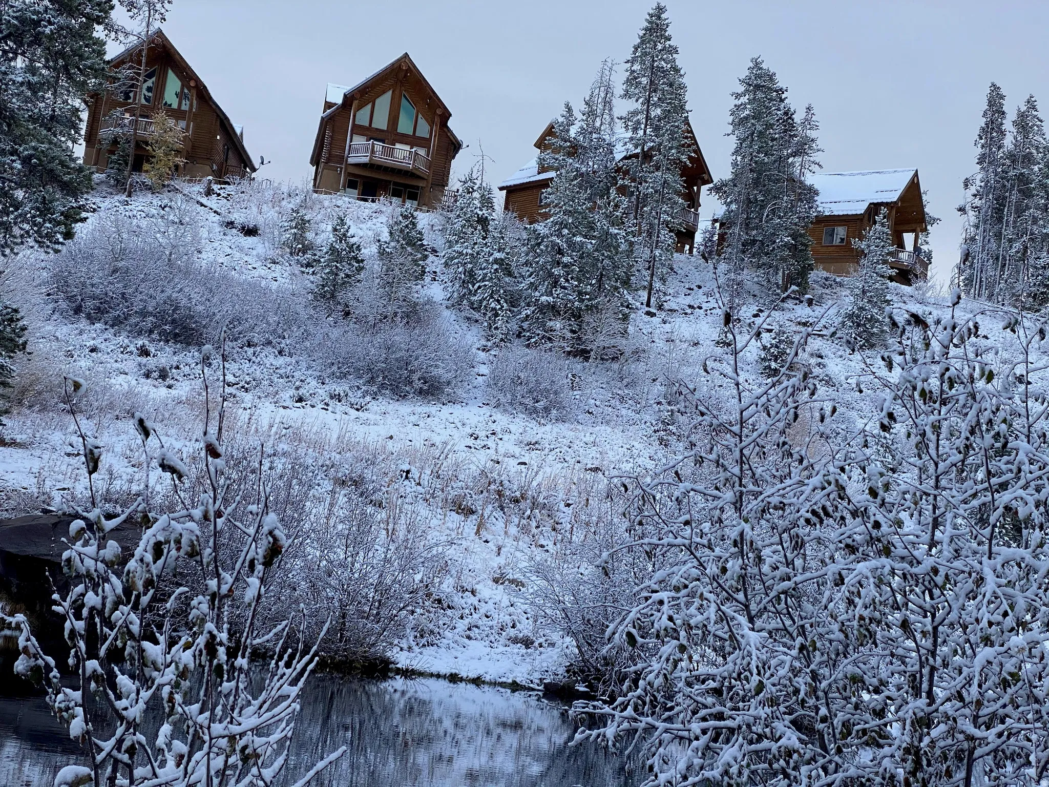 Cabin-style property featuring a pitched roofline, natural wood siding, and prominent windows, surrounded by snow-covered evergreen trees