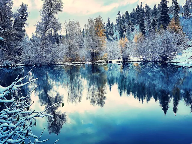 Tranquil pond reflecting snow-covered trees and a partially cloudy sky