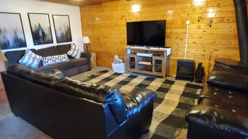 Living area featuring wood paneling, a dark wood-burning stove, and a black and beige patterned area rug