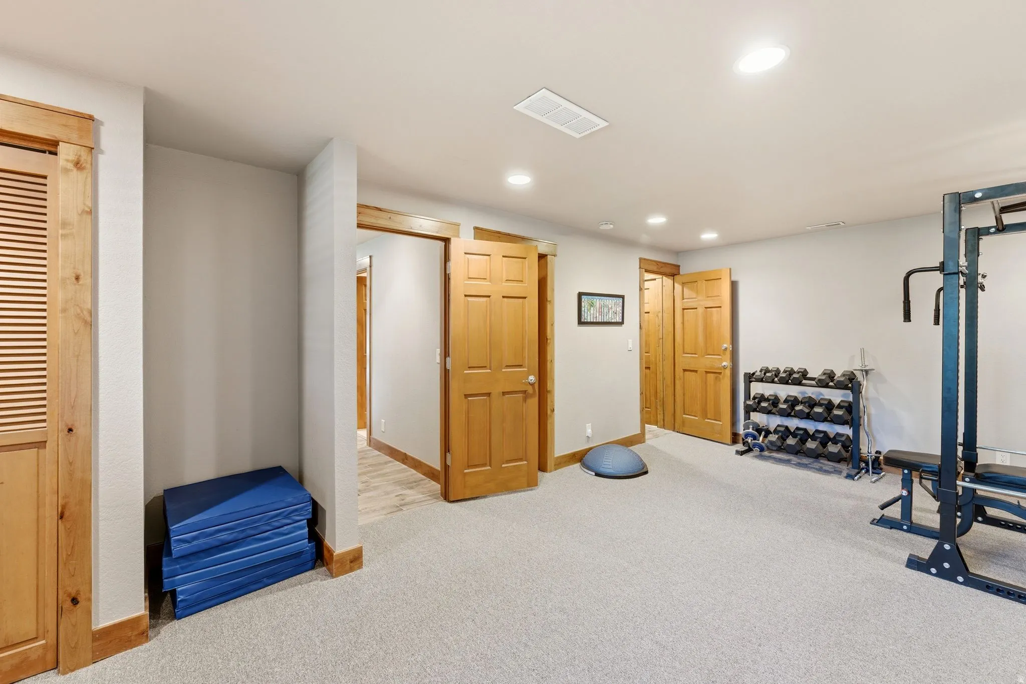 Spacious room featuring light-colored carpet, recessed lighting, and multiple wood-paneled doors with matching trim