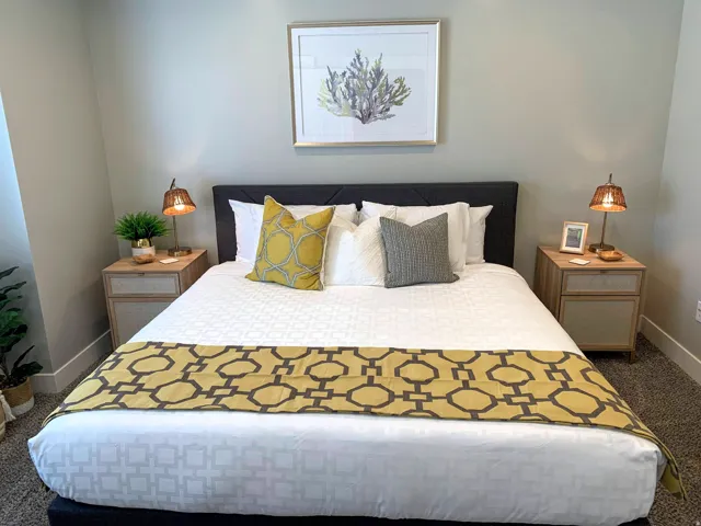 Neutral wall color with baseboard trim and textured carpeting