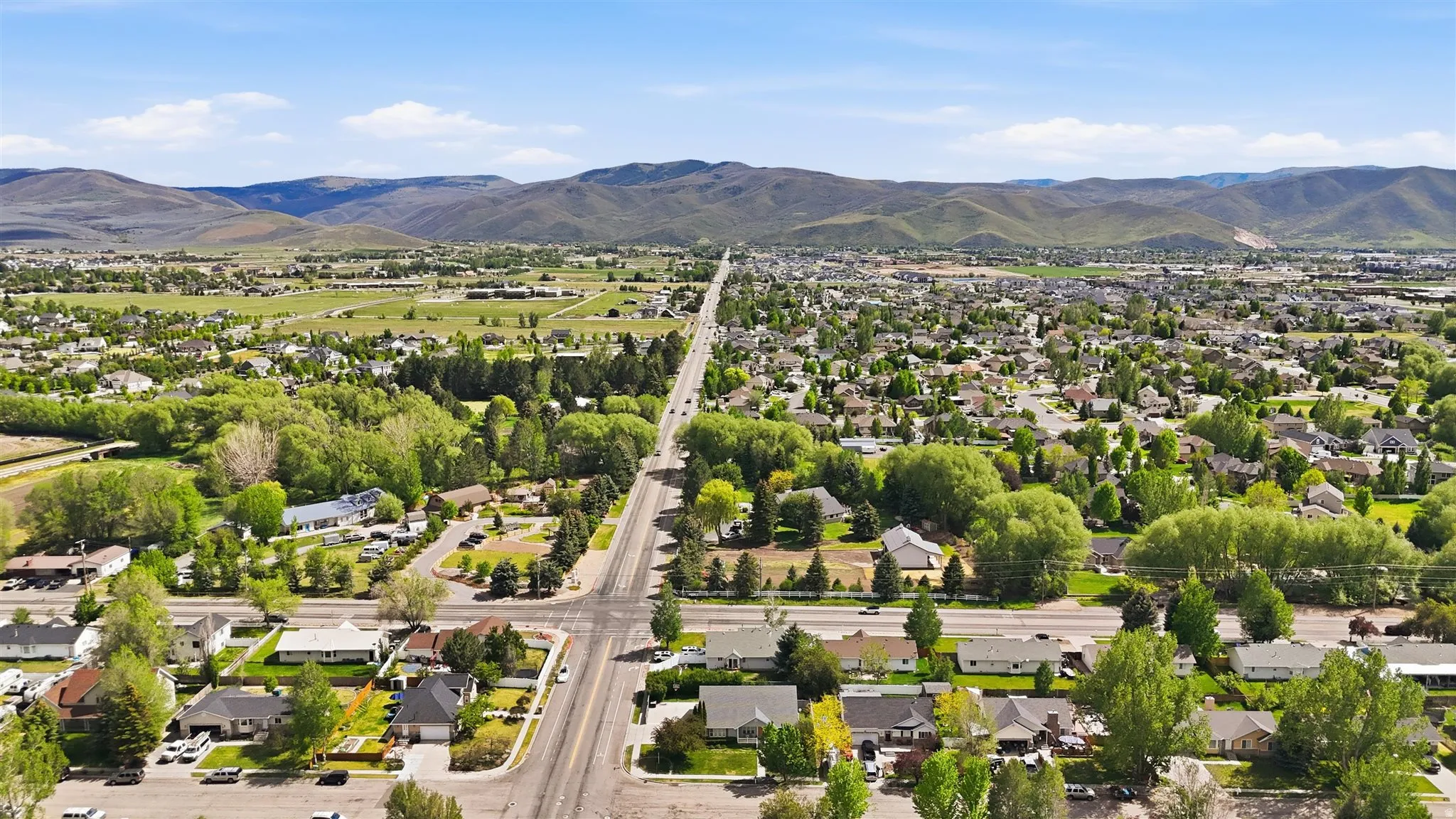 Expansive aerial perspective showcasing a residential community with mature trees