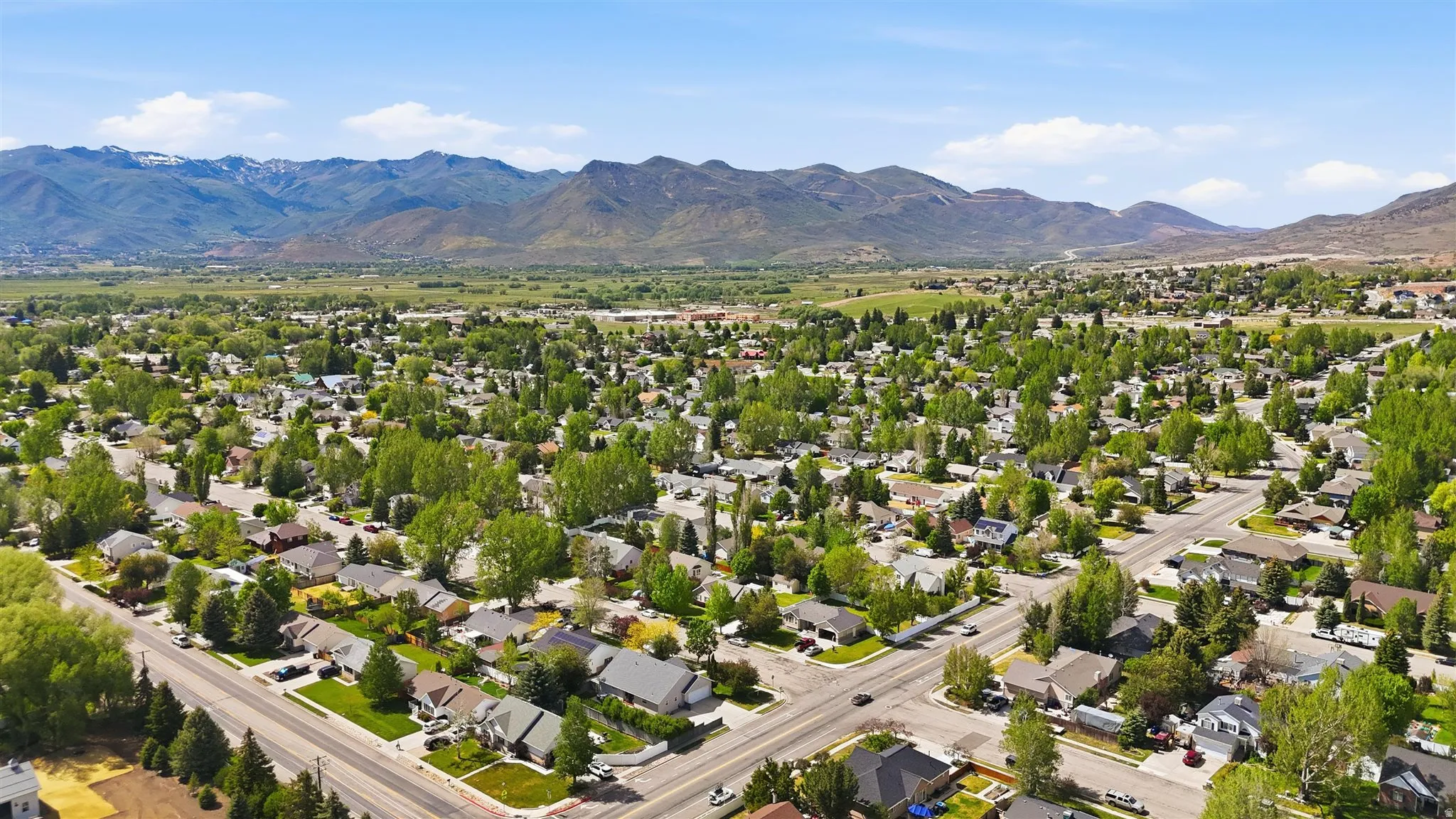 Residential neighborhood featuring mature trees and mountain backdrops