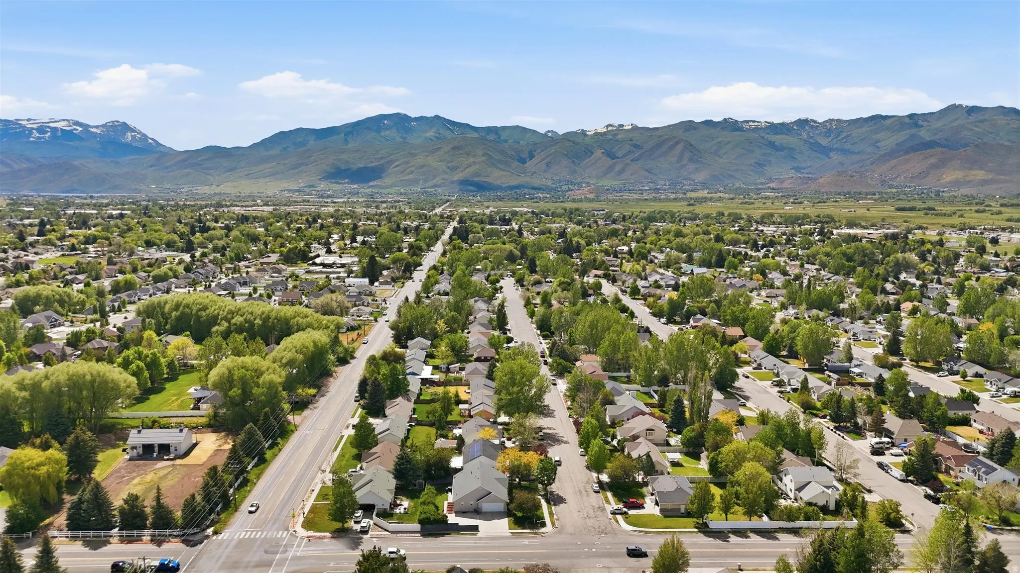 Expansive aerial view of a residential area featuring numerous homes with diverse architectural styles, mature trees lining streets, and distant mountains with snow-capped peaks