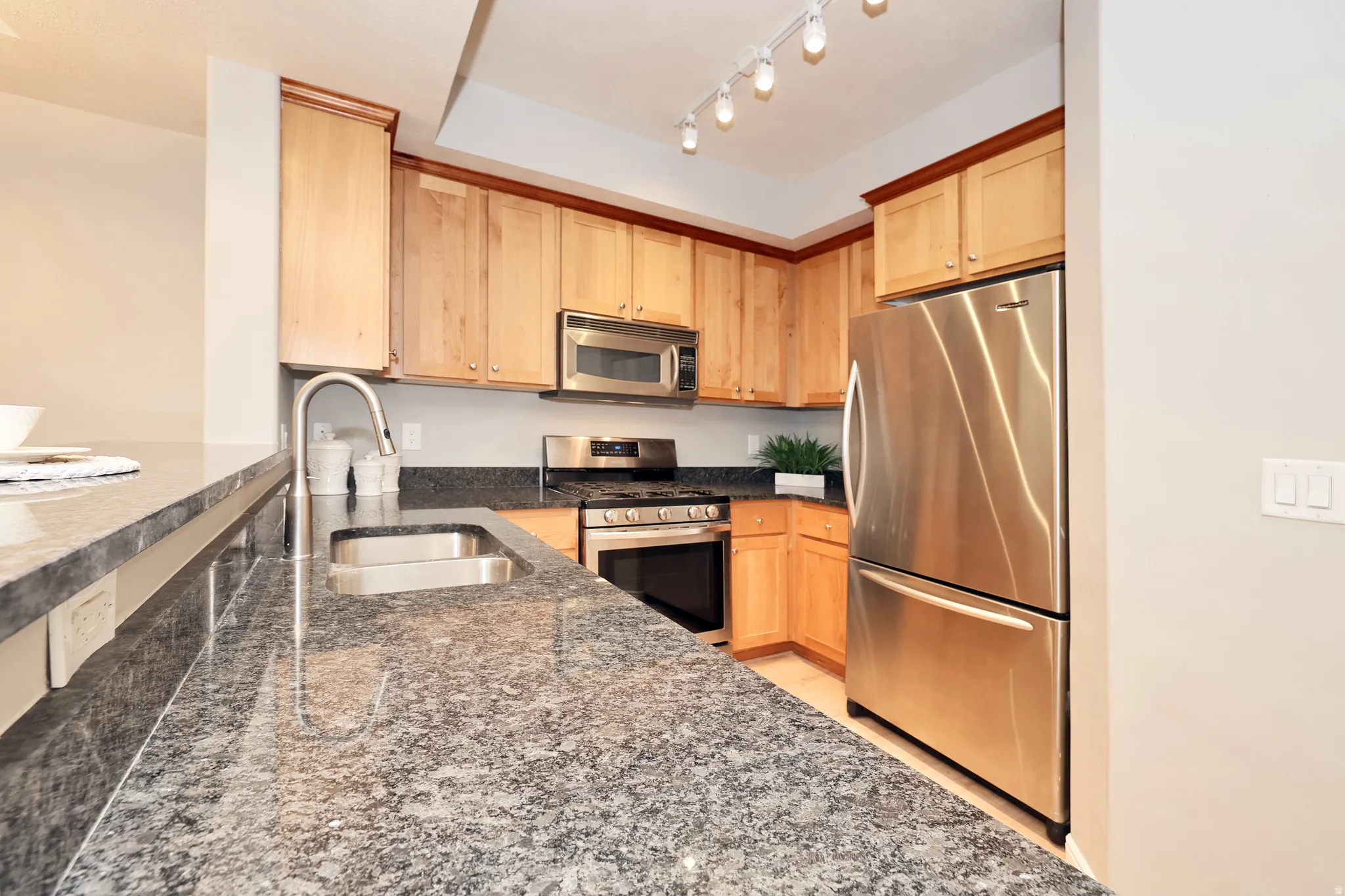 Kitchen featuring light wood cabinetry, stone countertops, stainless steel appliances, and track lighting
