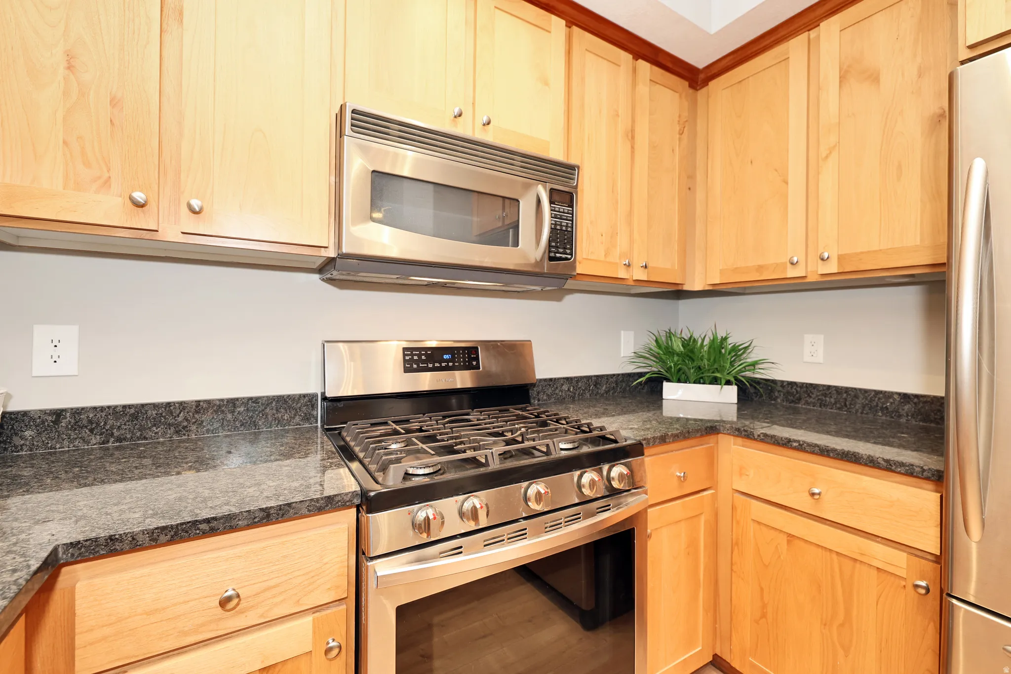 Kitchen featuring light wood cabinetry with round silver hardware, dark speckled countertops, and stainless steel appliances including a gas range, microwave, and refrigerator