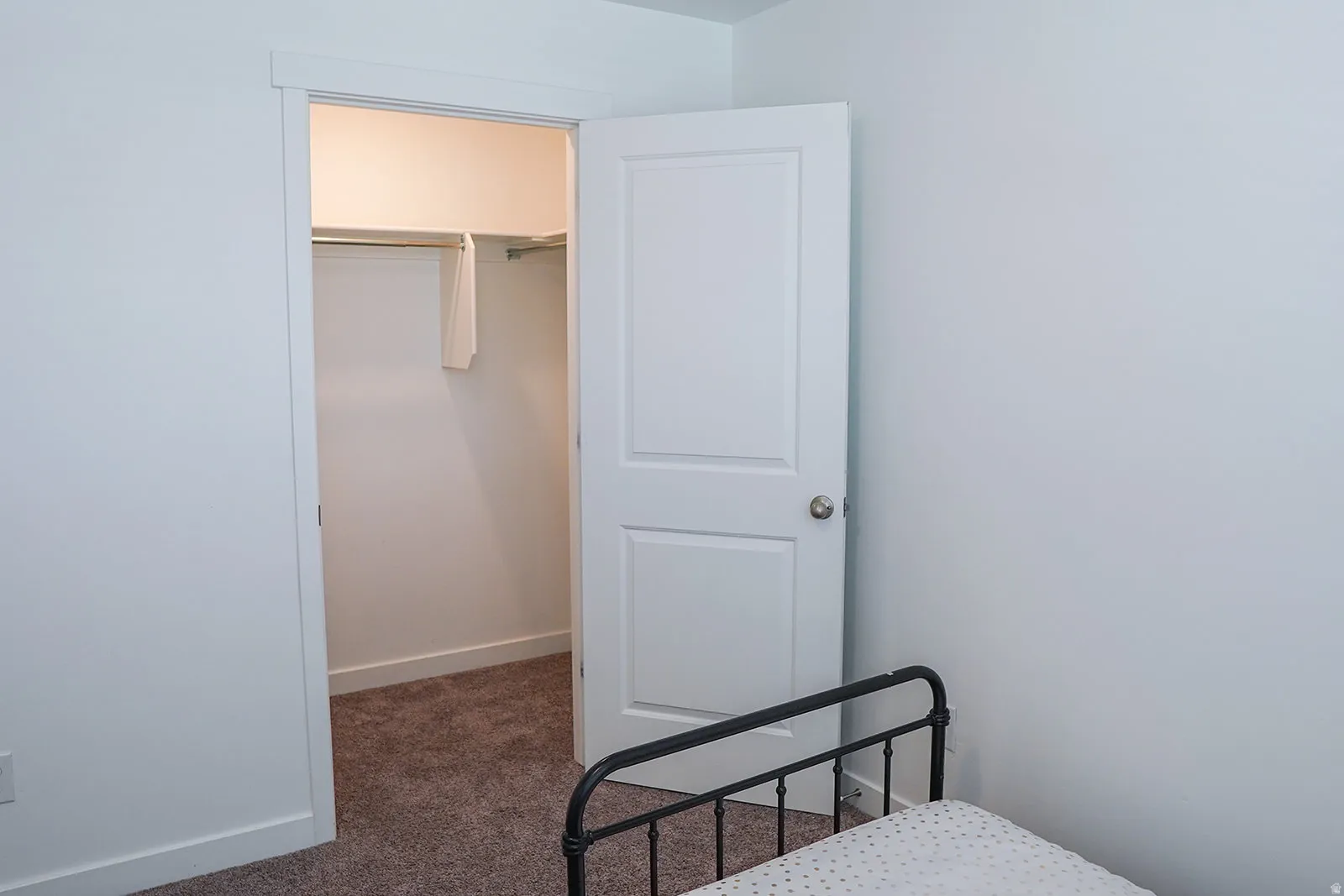 Closet with a single hanging rod and upper shelving, featuring brown carpet flooring and white baseboards