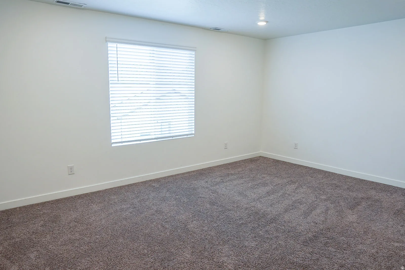 Spacious room featuring neutral carpeting, white walls, and a large window with horizontal blinds
