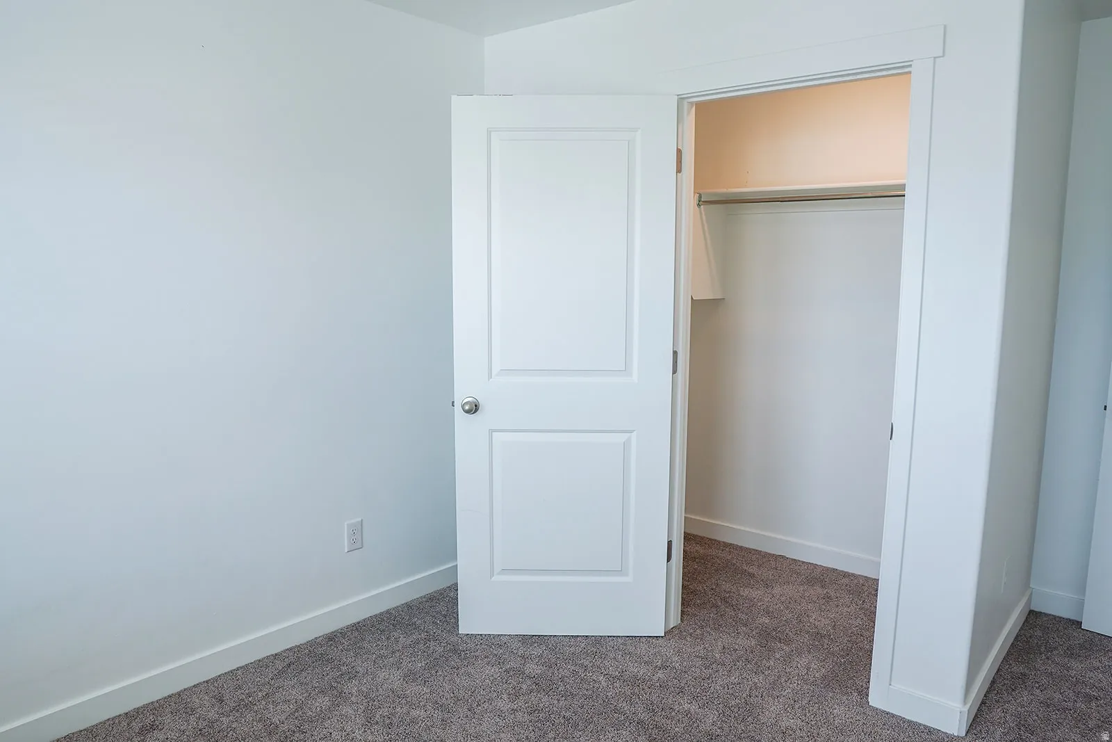 Interior features include a white paneled door, neutral wall color, and plush gray carpeting