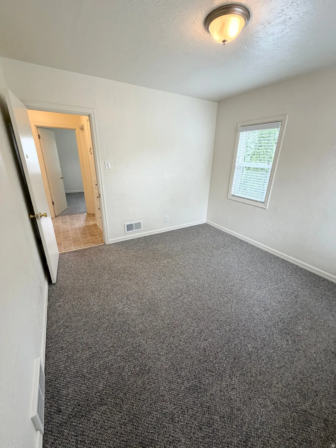 Carpeted interior room featuring a window with blinds, white walls, and a ceiling-mounted light fixture