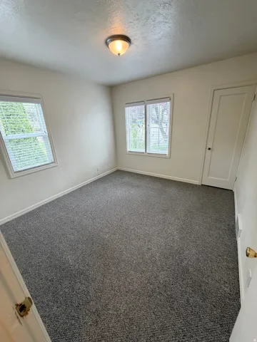 Room featuring gray carpet, two windows with blinds, a flush mount ceiling light, and a white door