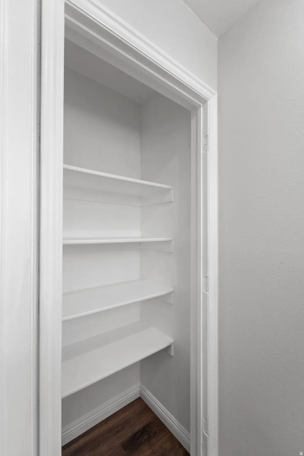 Integrated pantry with multiple white shelving units and wood-finish flooring
