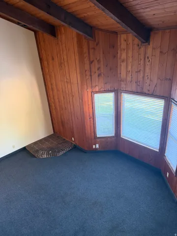Vaulted wood-paneled ceiling with exposed beams, wood-paneled accent wall, multiple windows with blinds, and dark carpeting