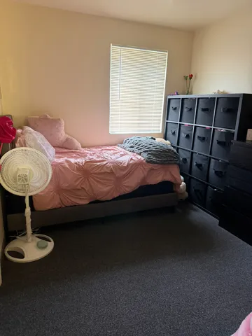 Room featuring neutral wall paint, a single window with horizontal blinds, and dark grey carpeting