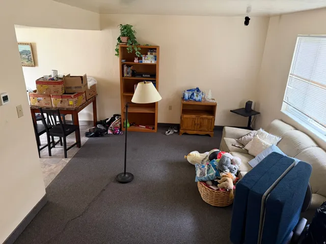 Spacious living area featuring neutral-toned walls, dark carpeting, and a window with blinds