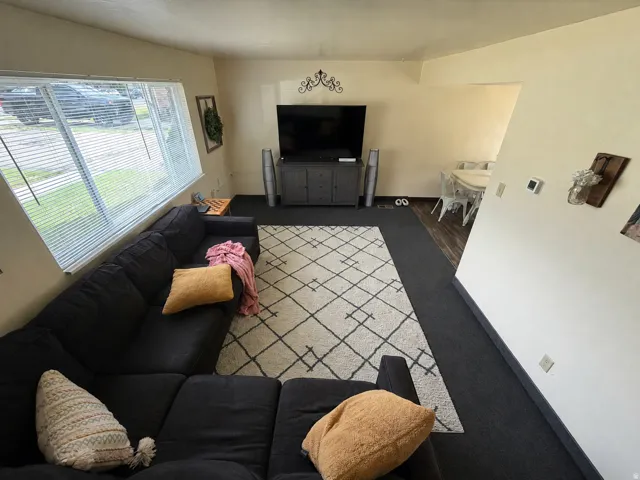 Carpeted living area with a large window featuring horizontal blinds