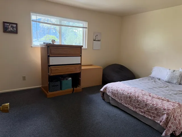 Carpeted room with a large window featuring blinds