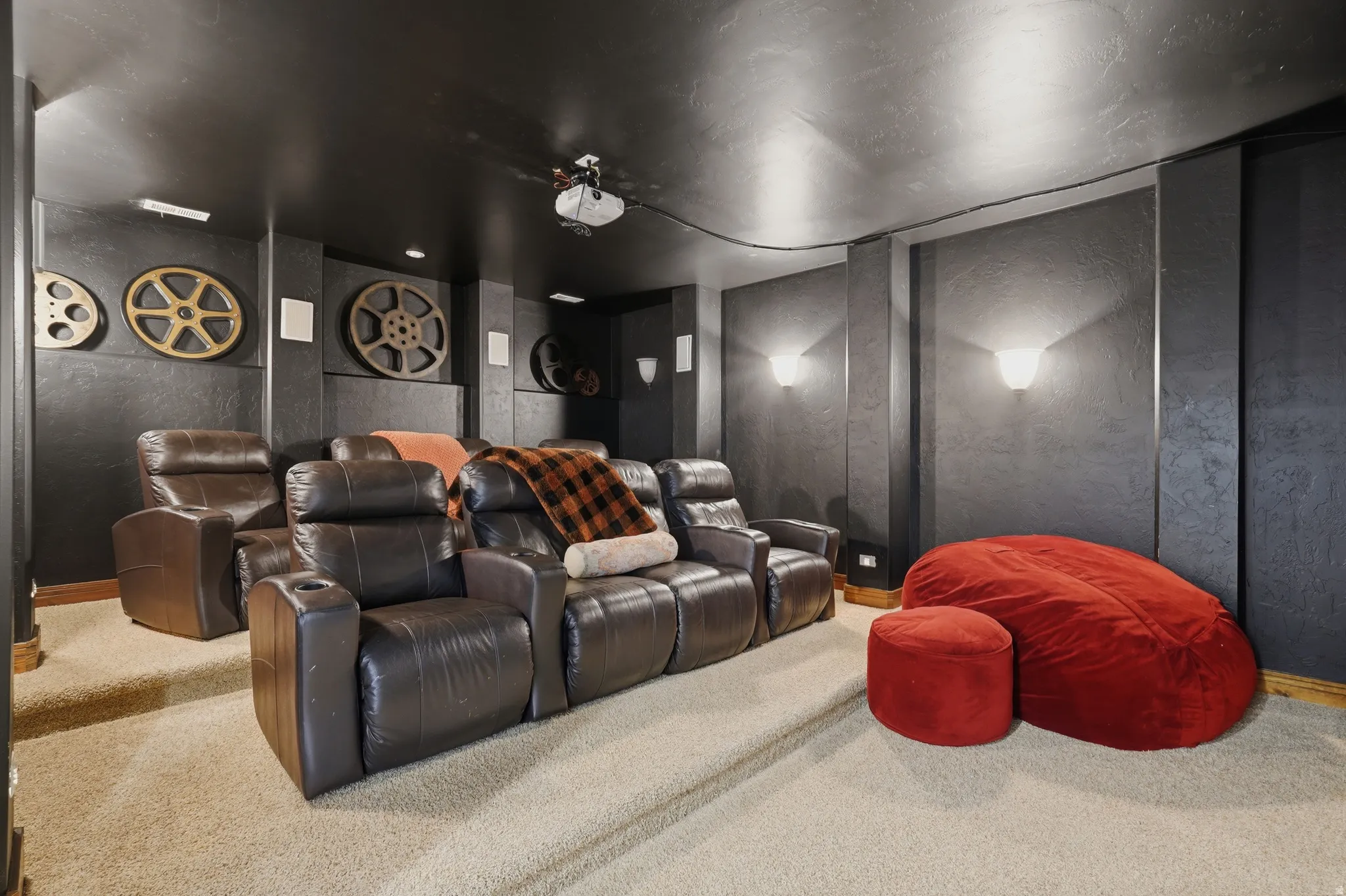 Dedicated media room with tiered seating
