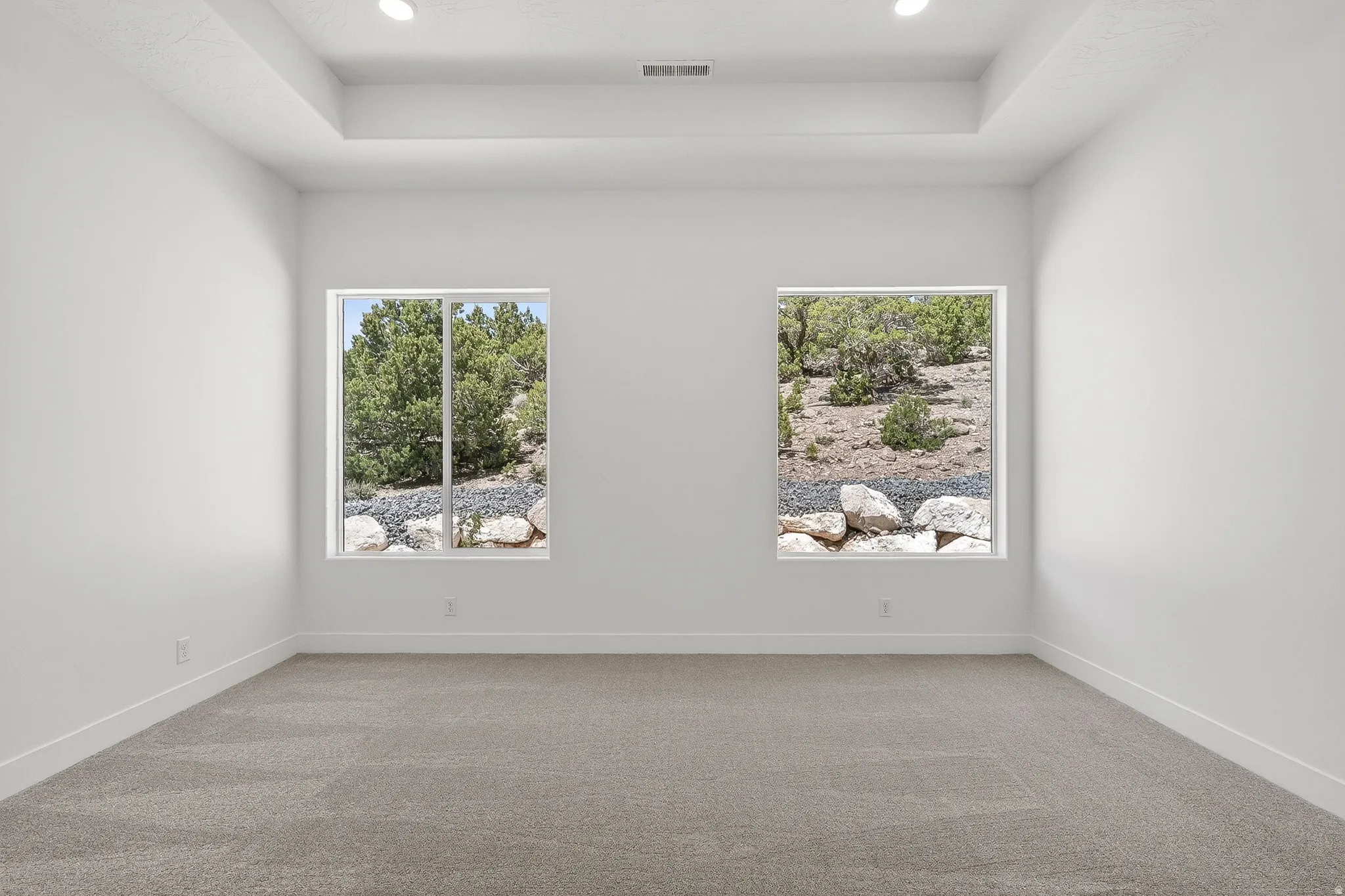 Recessed lighting illuminates a spacious room featuring two large windows, a tray ceiling, and neutral-toned carpet flooring
