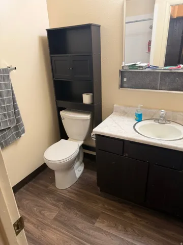 Bathroom featuring wood-finish flooring, a white toilet with an over-the-toilet storage unit, and a vanity with a white countertop and dark cabinetry
