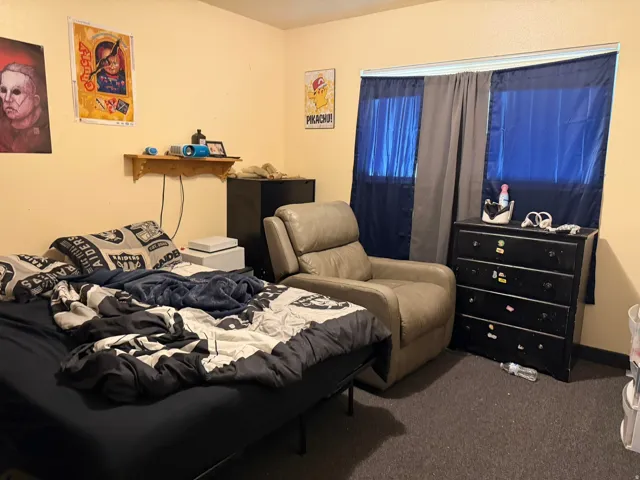 Carpeted room featuring a window with dark blue and gray drapes, light-toned walls, and a wall-mounted wooden shelf