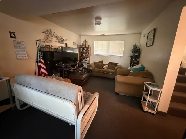 Living area featuring neutral wall tones, carpet flooring, a ceiling-mounted light fixture, and a window with horizontal blinds