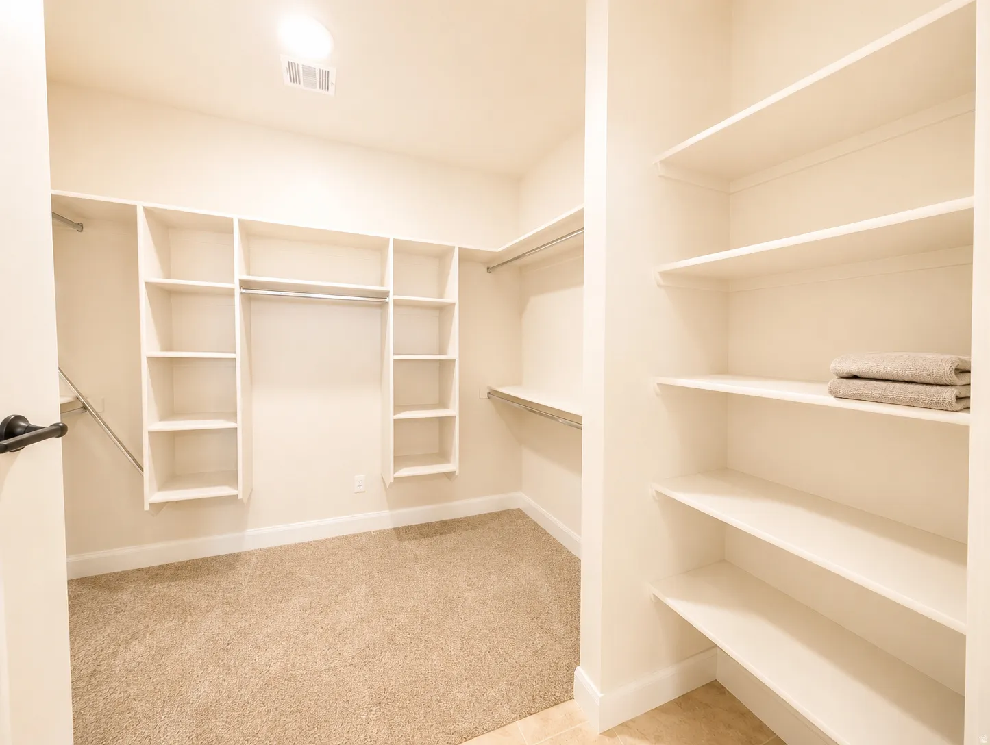 Spacious walk-in closet featuring extensive built-in shelving, multiple hanging rods, warm beige carpeting, and light wall tones