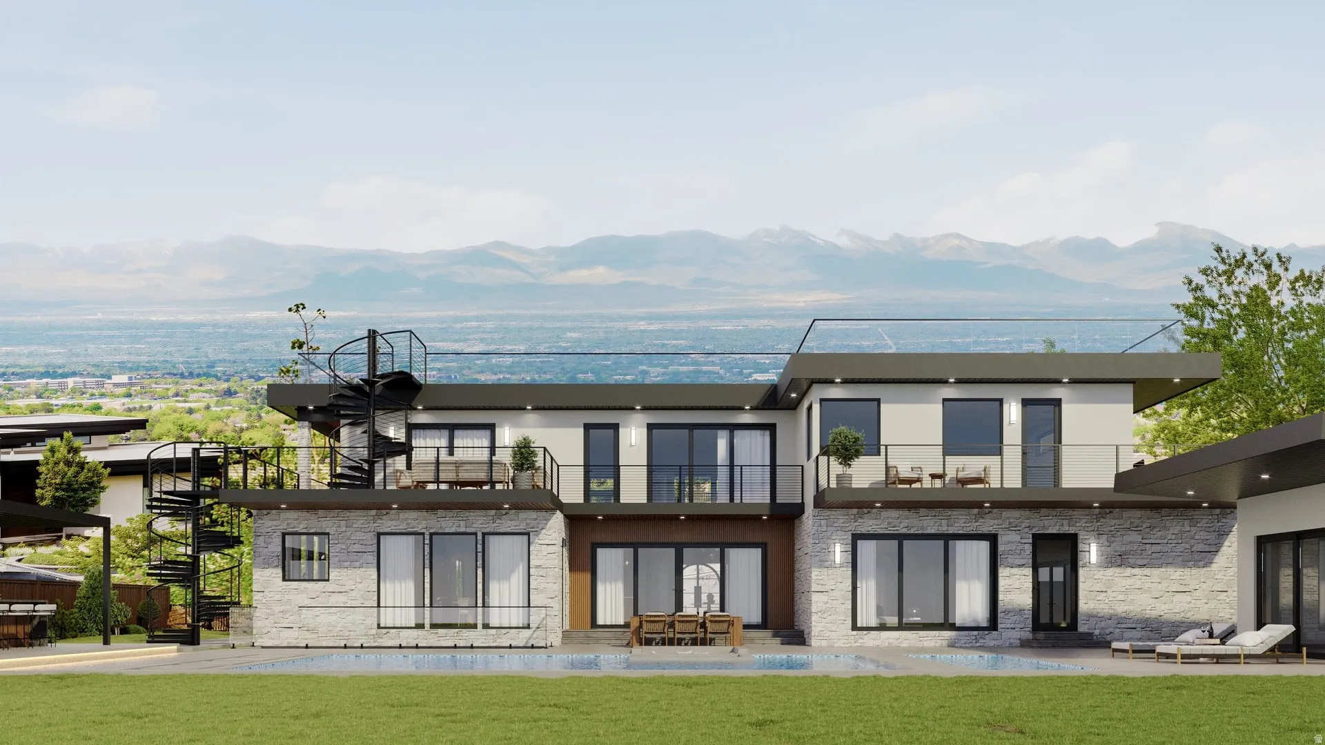 Contemporary multi-level residence featuring expansive glass doors, multiple balconies with metal railings, and a spiral exterior staircase providing rooftop access