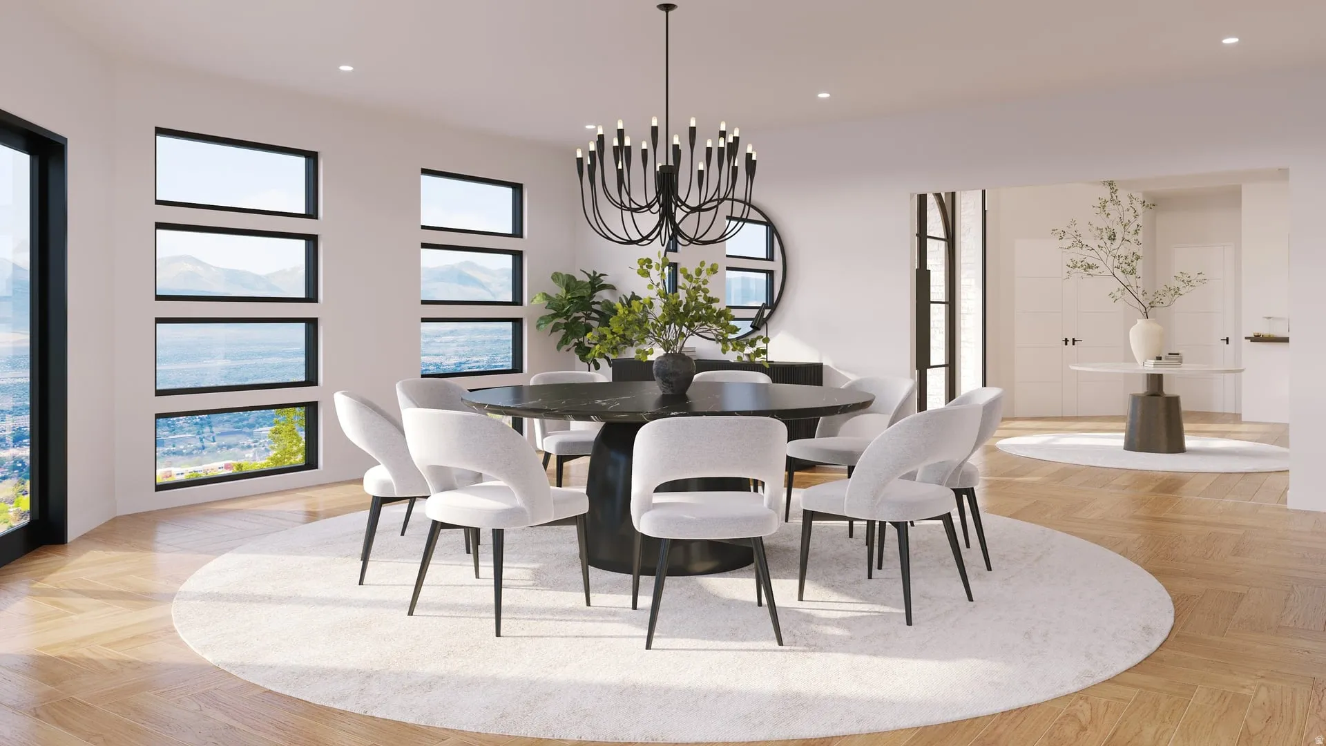 Open concept dining area featuring a black chandelier and a series of horizontal windows